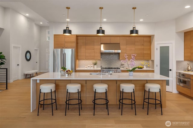 240 W Lake Sammamish Pkwy SE, Bellevue, WA 98008 - kitchen featuring appliances with stainless steel finishes, exhaust hood, decorative backsplash, light countertops, and light wood-style floors