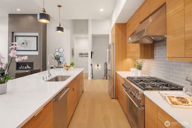 240 W Lake Sammamish Pkwy SE, Bellevue, WA 98008 - kitchen featuring wall chimney exhaust hood, premium appliances, modern cabinets, a fireplace, and light countertops