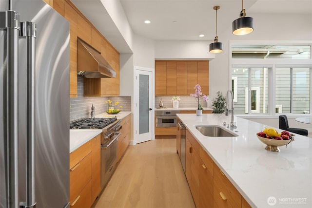 240 W Lake Sammamish Pkwy SE, Bellevue, WA 98008 - kitchen featuring appliances with stainless steel finishes, extractor fan, light wood finished floors, decorative backsplash, and recessed lighting