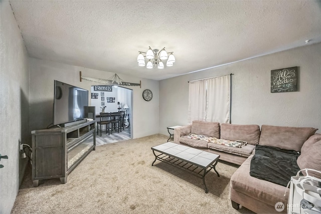 610 Westlake Ave, Morton, WA 98356 - carpeted living room with a chandelier and a textured ceiling