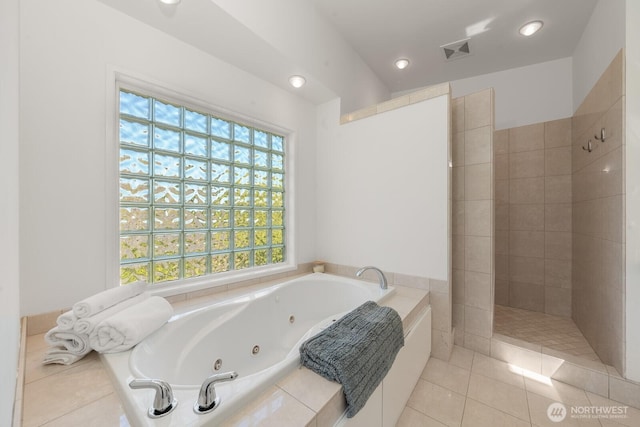 3516 NE 43rd St, Seattle, WA 98105 - full bath featuring a jetted tub, a walk in shower, tile patterned floors, and recessed lighting