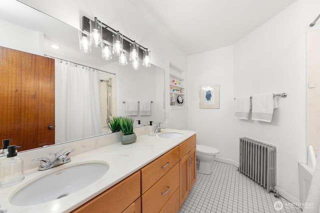 3516 NE 43rd St, Seattle, WA 98105 - bathroom featuring radiator, double vanity, tile patterned flooring, and a shower with curtain