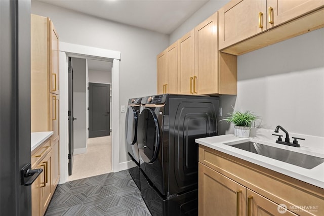 16429 Snohomish Ave SE, Clearview, WA 98296 - washroom featuring washing machine and dryer, cabinet space, and dark floors
