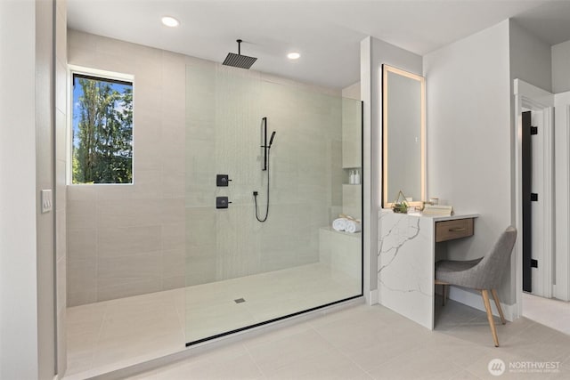 16429 Snohomish Ave SE, Clearview, WA 98296 - full bathroom featuring a walk in shower, tile patterned flooring, recessed lighting, and vanity