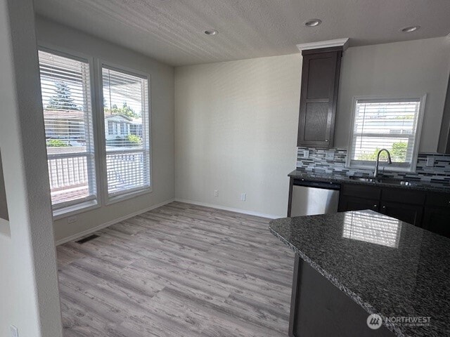 2101 S 324th St Unit 193, Federal Way, WA 98003 - kitchen featuring stainless steel dishwasher, dark stone countertops, decorative backsplash, light wood-style floors, and recessed lighting