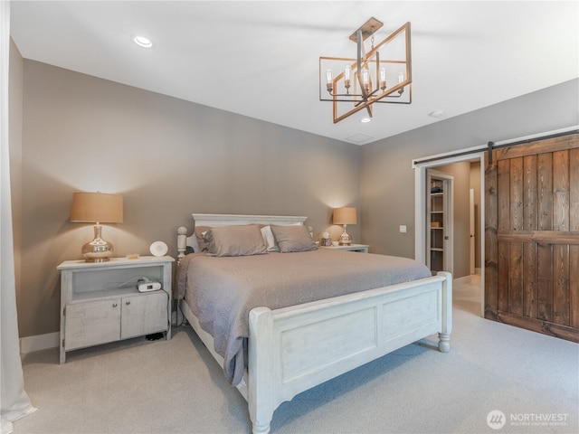 2038 Maiden Ln, Wenatchee, WA 98801 - bedroom featuring light colored carpet, a chandelier, recessed lighting, and a barn door