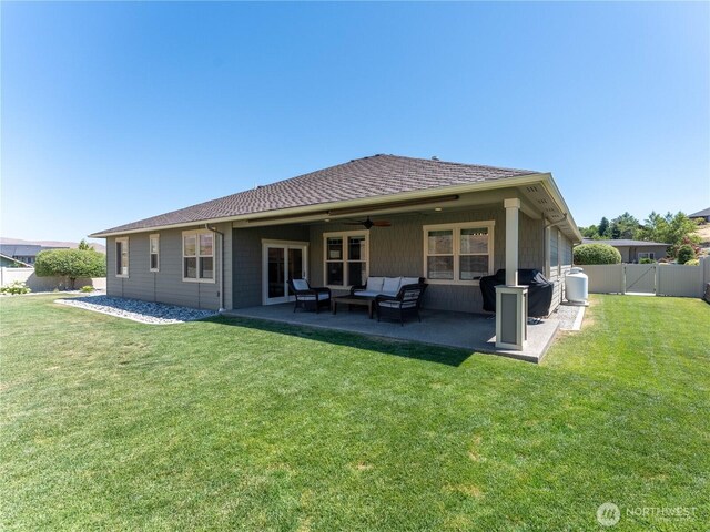 2038 Maiden Ln, Wenatchee, WA 98801 - rear view of property featuring an outdoor hangout area, a ceiling fan, a patio, and a fenced backyard