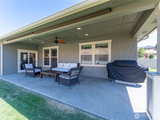 2038 Maiden Ln, Wenatchee, WA 98801 - view of patio with a ceiling fan, an outdoor living space, and a grill