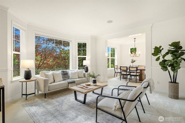 108 239th Way SE, Sammamish, WA 98074 - living room with ornamental molding, a chandelier, and light carpet