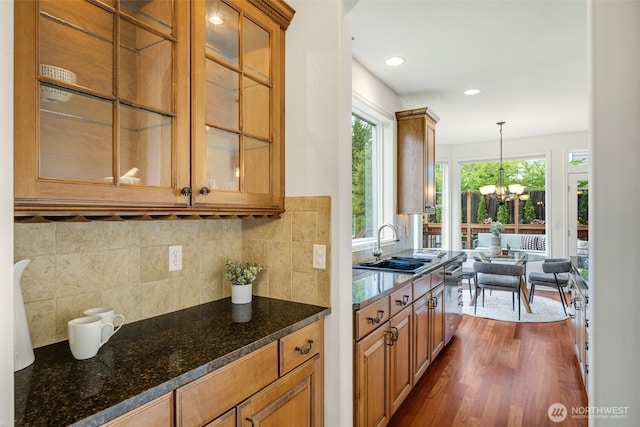 108 239th Way SE, Sammamish, WA 98074 - bar with a chandelier, backsplash, dark wood-style floors, pendant lighting, and stainless steel dishwasher