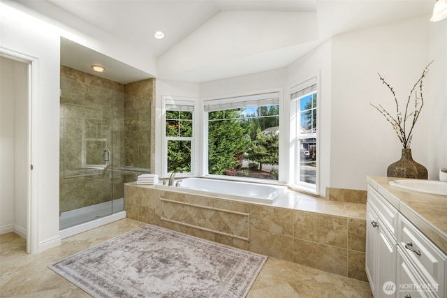 108 239th Way SE, Sammamish, WA 98074 - bathroom featuring vanity, lofted ceiling, a garden tub, and a stall shower