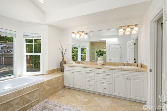 108 239th Way SE, Sammamish, WA 98074 - bathroom featuring double vanity, a bath, a chandelier, and tiled shower