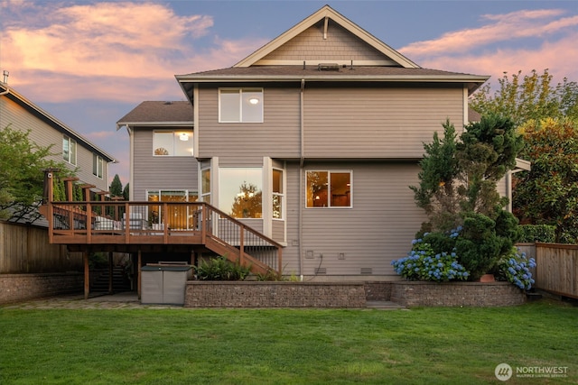 108 239th Way SE, Sammamish, WA 98074 - back of house at dusk featuring a wooden deck, a yard, and stairway