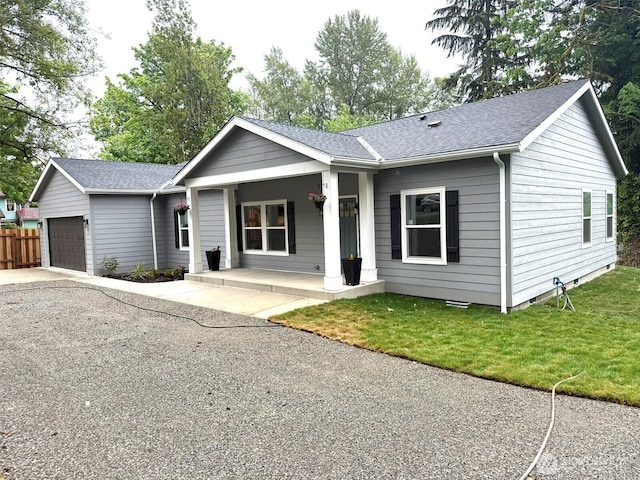 45332 Limestone St, Concrete, WA 98237 - ranch-style home with a porch, a garage, a front yard, roof with shingles, and driveway