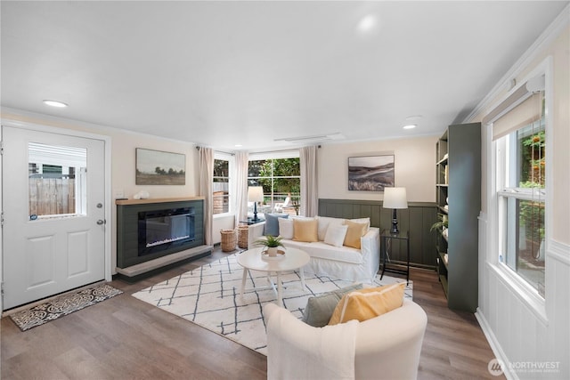 18328 15th Pl NE, Shoreline, WA 98155 - living area featuring a glass covered fireplace, wood finished floors, a wainscoted wall, a decorative wall, and crown molding