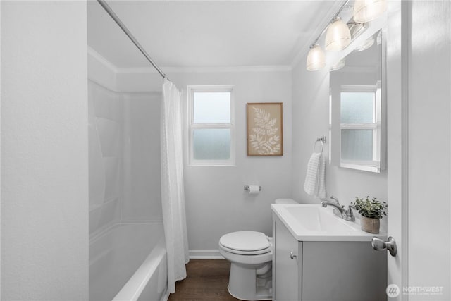 18328 15th Pl NE, Shoreline, WA 98155 - bathroom featuring crown molding, vanity, healthy amount of natural light, wood finished floors, and shower / tub combo with curtain