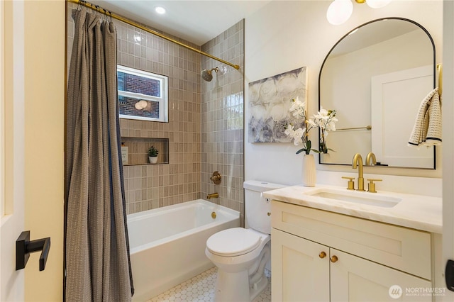 3430 42nd Ave SW, Seattle, WA 98116 - bathroom with shower / bathtub combination with curtain, vanity, and tile patterned flooring