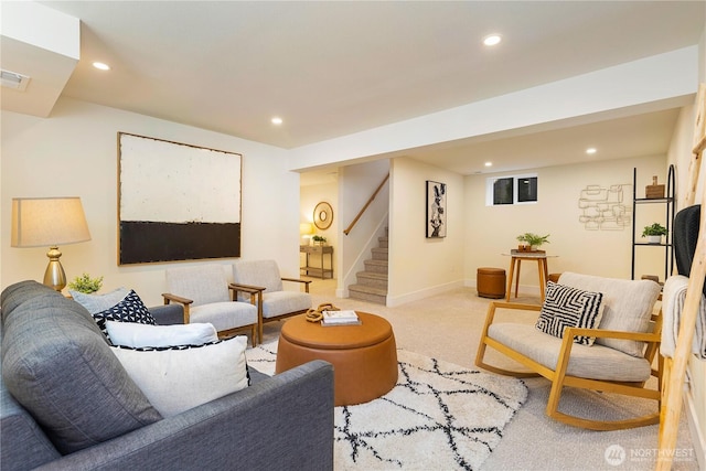 3430 42nd Ave SW, Seattle, WA 98116 - living area featuring carpet, recessed lighting, and stairs