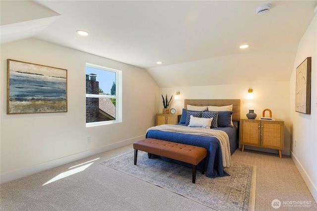 3430 42nd Ave SW, Seattle, WA 98116 - bedroom featuring lofted ceiling, light colored carpet, and recessed lighting