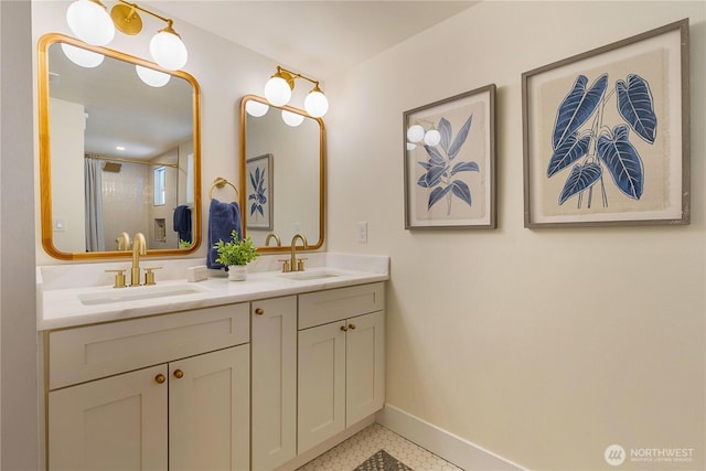3430 42nd Ave SW, Seattle, WA 98116 - bathroom featuring double vanity and an enclosed shower