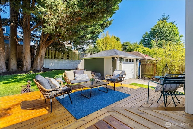 3430 42nd Ave SW, Seattle, WA 98116 - wooden terrace featuring an outdoor hangout area, a fenced backyard, and an outbuilding