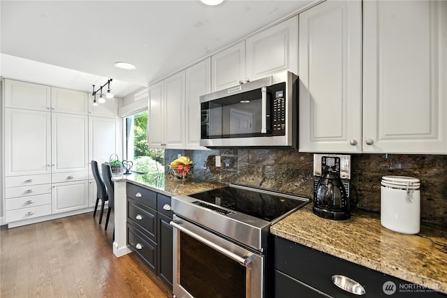 9717 NE Juanita Dr Unit 101, Kirkland, WA 98034 - kitchen with stainless steel appliances, white cabinetry, dark cabinetry, wood finished floors, and decorative backsplash