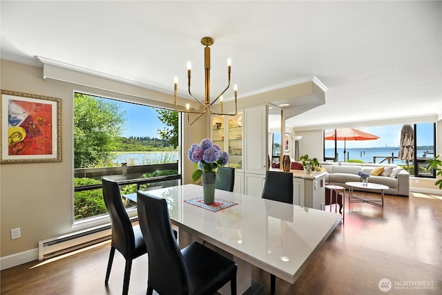 9717 NE Juanita Dr Unit 101, Kirkland, WA 98034 - dining area featuring a chandelier, wood finished floors, ornamental molding, and a water view