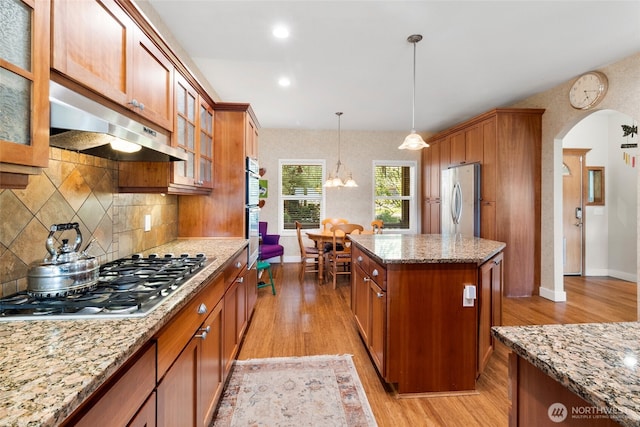 3319 Sunny Cove Ct, Bellingham, WA 98226 - kitchen with stainless steel appliances, under cabinet range hood, light wood-style flooring, arched walkways, and recessed lighting