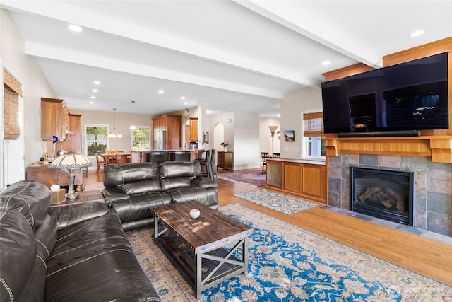 3319 Sunny Cove Ct, Bellingham, WA 98226 - living room with beamed ceiling, wood finished floors, recessed lighting, and a fireplace