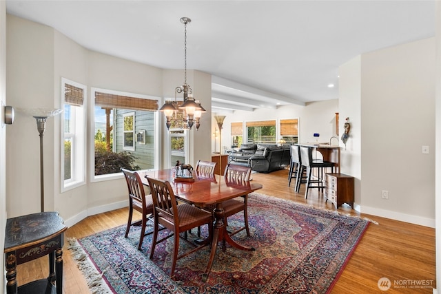 3319 Sunny Cove Ct, Bellingham, WA 98226 - dining space featuring a chandelier, light wood-style flooring, recessed lighting, and beamed ceiling