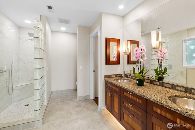 3319 Sunny Cove Ct, Bellingham, WA 98226 - full bathroom featuring double vanity, a marble finish shower, tile patterned floors, and recessed lighting