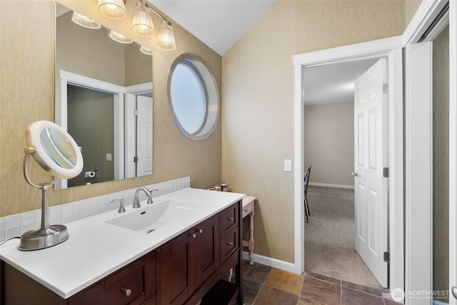 3319 Sunny Cove Ct, Bellingham, WA 98226 - bathroom with vanity, lofted ceiling, and wallpapered walls
