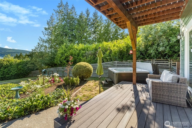3319 Sunny Cove Ct, Bellingham, WA 98226 - wooden deck featuring a hot tub and a fenced backyard