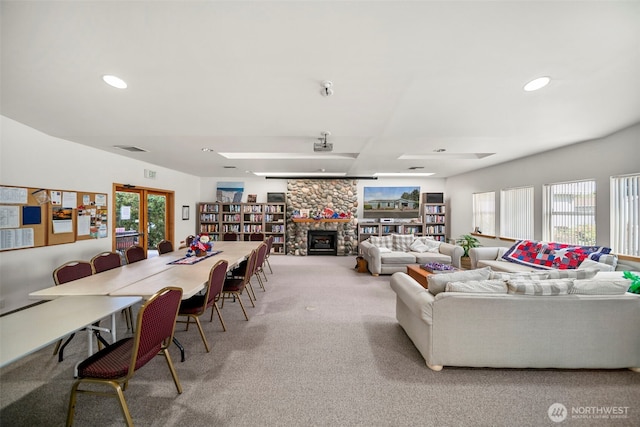 1809 Heritage Hvn, Wenatchee, WA 98801 - living room with carpet flooring, a fireplace, and recessed lighting