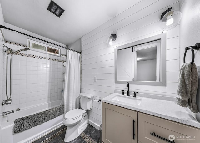 4402 Clearwater Dr SE, Lacey, WA 98503 - bathroom with vanity, shower / bathtub combination with curtain, wood walls, and tile patterned floors