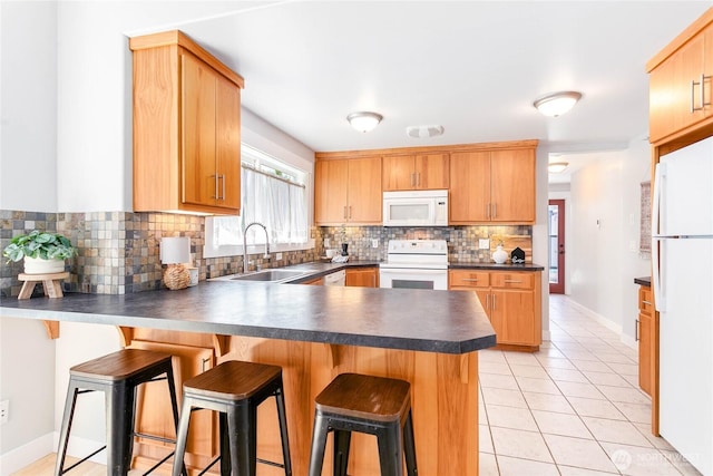 2427 Lincoln St, Bellingham, WA 98225 - kitchen featuring white appliances, dark countertops, a peninsula, and backsplash