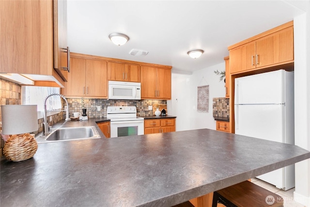 2427 Lincoln St, Bellingham, WA 98225 - kitchen featuring white appliances, dark countertops, a peninsula, tasteful backsplash, and a kitchen bar