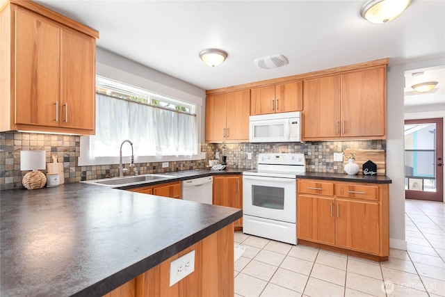 2427 Lincoln St, Bellingham, WA 98225 - kitchen with white appliances, dark countertops, light tile patterned floors, tasteful backsplash, and a peninsula