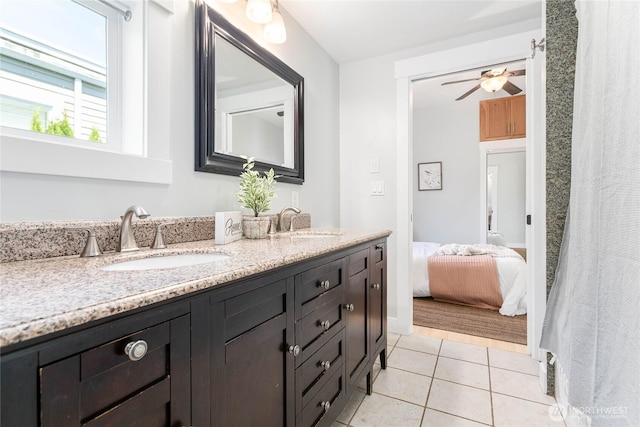 2427 Lincoln St, Bellingham, WA 98225 - bathroom featuring double vanity, tile patterned flooring, and ceiling fan