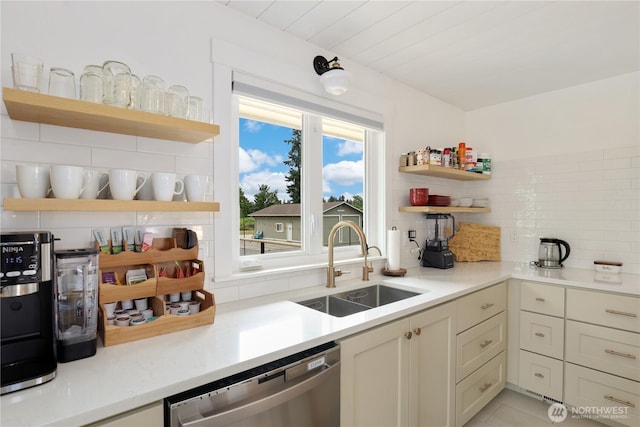 11112 234th St E, Graham, WA 98338 - kitchen featuring open shelves, stainless steel dishwasher, backsplash, and light countertops