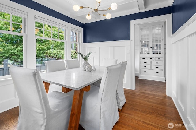 7016 Fremont Ave N, Seattle, WA 98103 - dining space with a chandelier, healthy amount of natural light, wainscoting, dark wood-style flooring, and a decorative wall