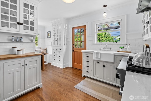 7016 Fremont Ave N, Seattle, WA 98103 - kitchen featuring butcher block counters, crown molding, wood finished floors, glass insert cabinets, and backsplash