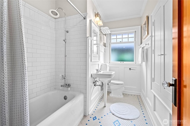 7016 Fremont Ave N, Seattle, WA 98103 - full bathroom featuring shower / bath combo, crown molding, and tile patterned flooring