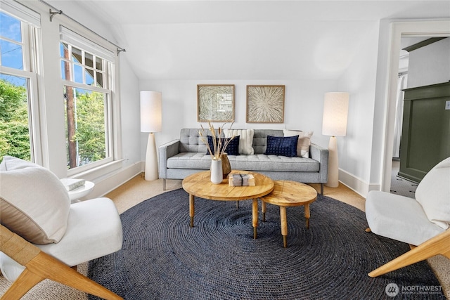7016 Fremont Ave N, Seattle, WA 98103 - carpeted living area featuring vaulted ceiling and baseboards