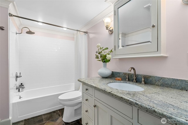 7016 Fremont Ave N, Seattle, WA 98103 - bathroom with shower / bath combo with shower curtain, vanity, ornamental molding, and stone finish floors