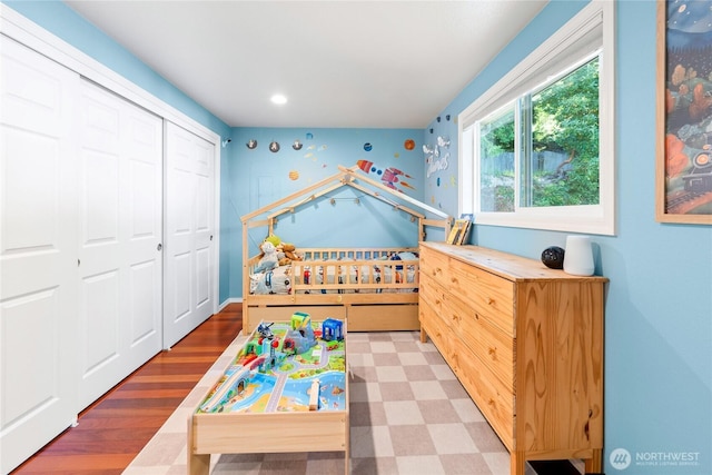 18110 85th St E, Bonney Lake, WA 98391 - bedroom with a closet, recessed lighting, and wallpapered walls