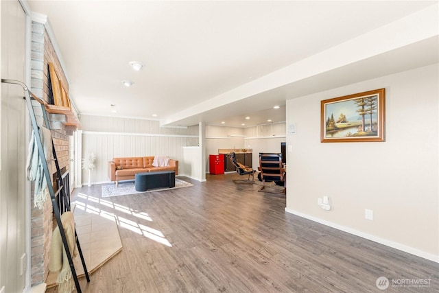 18110 85th St E, Bonney Lake, WA 98391 - living room featuring wood finished floors, recessed lighting, and a brick fireplace