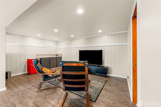 18110 85th St E, Bonney Lake, WA 98391 - living area with wood finished floors, wet bar, and recessed lighting