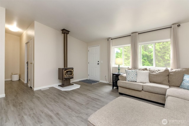 15816 251st St E, Graham, WA 98338 - living area featuring light wood finished floors, a wood stove, and vaulted ceiling