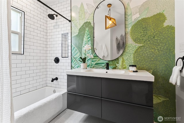 3211 16th Ave S, Seattle, WA 98144 - bathroom with vanity, shower / tub combination, tile patterned floors, and wallpapered walls